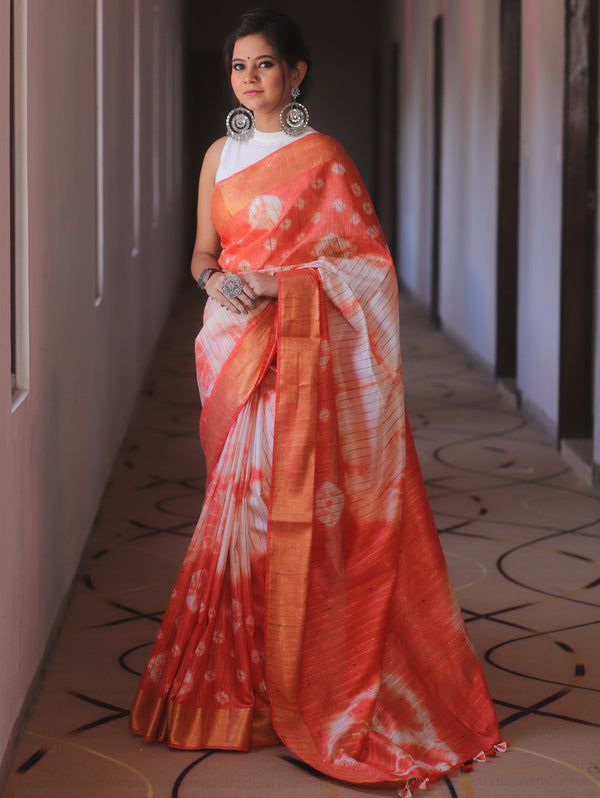 Bhagalpur Cotton Silk Ghichha Work Hand-Dyed Shibori Pattern Saree-White & Orange