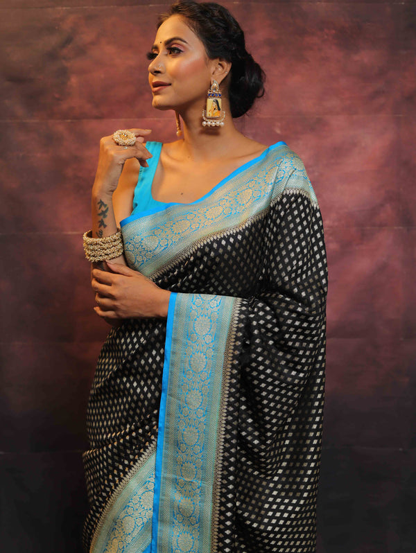 Banarasee Semi-Katan Zari Buta Saree-Black & Blue