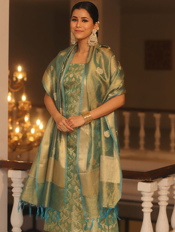 Banarasee Tissue Silk Salwar Kameez Fabric With Dupatta-Blue