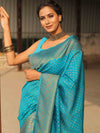 Banarasee Semi-Chiffon Saree With Antique Gold Zari Work-Teal Blue