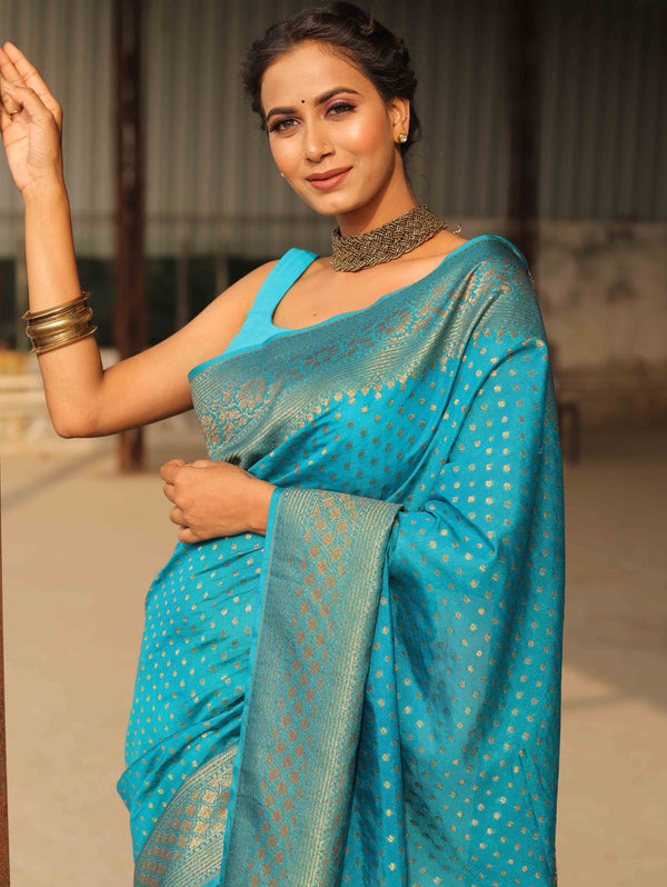 Banarasee Semi-Chiffon Saree With Antique Gold Zari Work-Teal Blue