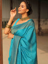 Banarasee Semi-Chiffon Saree With Antique Gold Zari Work-Teal Blue