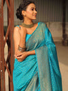Banarasee Semi-Chiffon Saree With Antique Gold Zari Work-Teal Blue