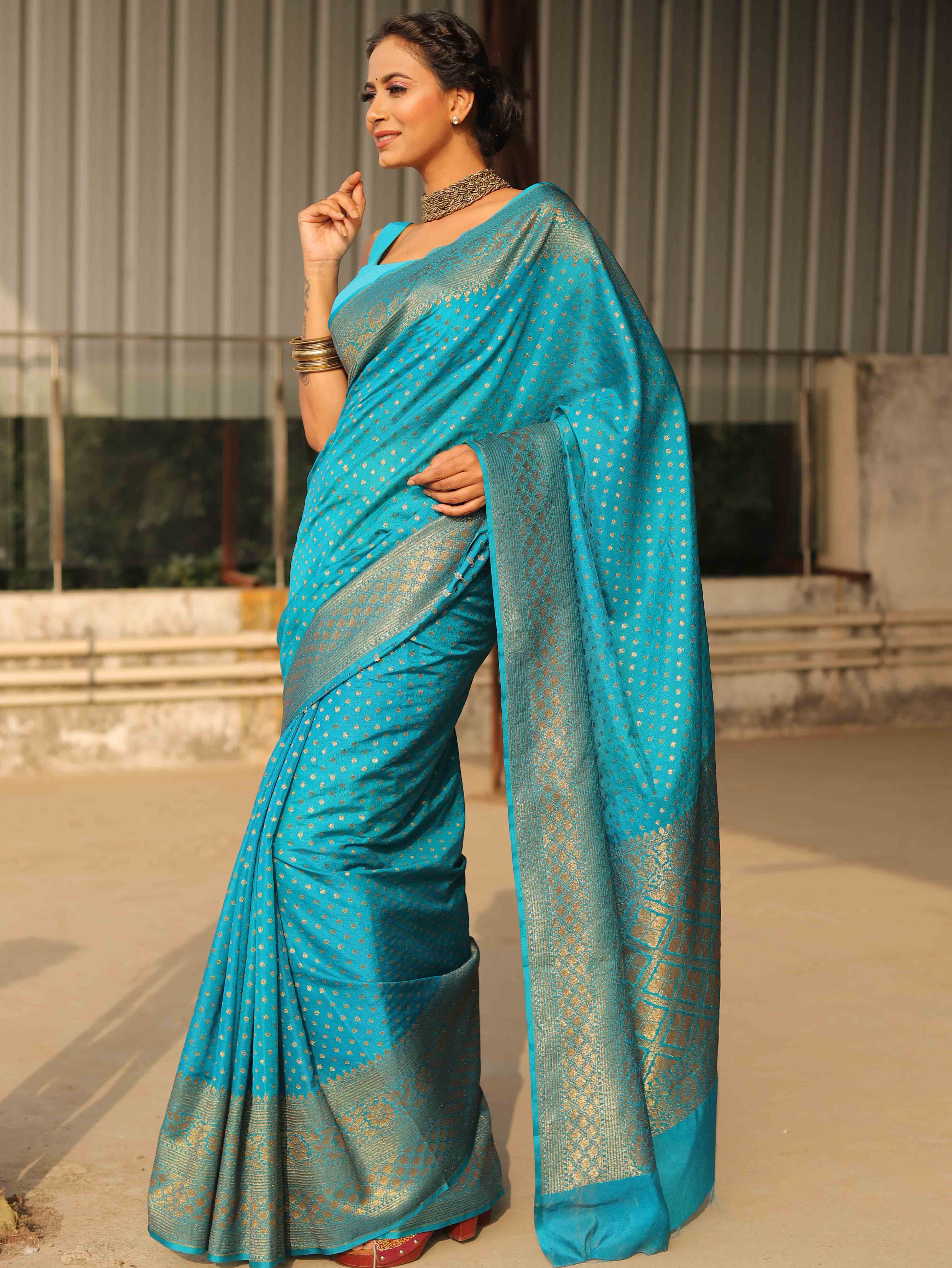 Banarasee Semi-Chiffon Saree With Antique Gold Zari Work-Teal Blue