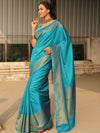 Banarasee Semi-Chiffon Saree With Antique Gold Zari Work-Teal Blue
