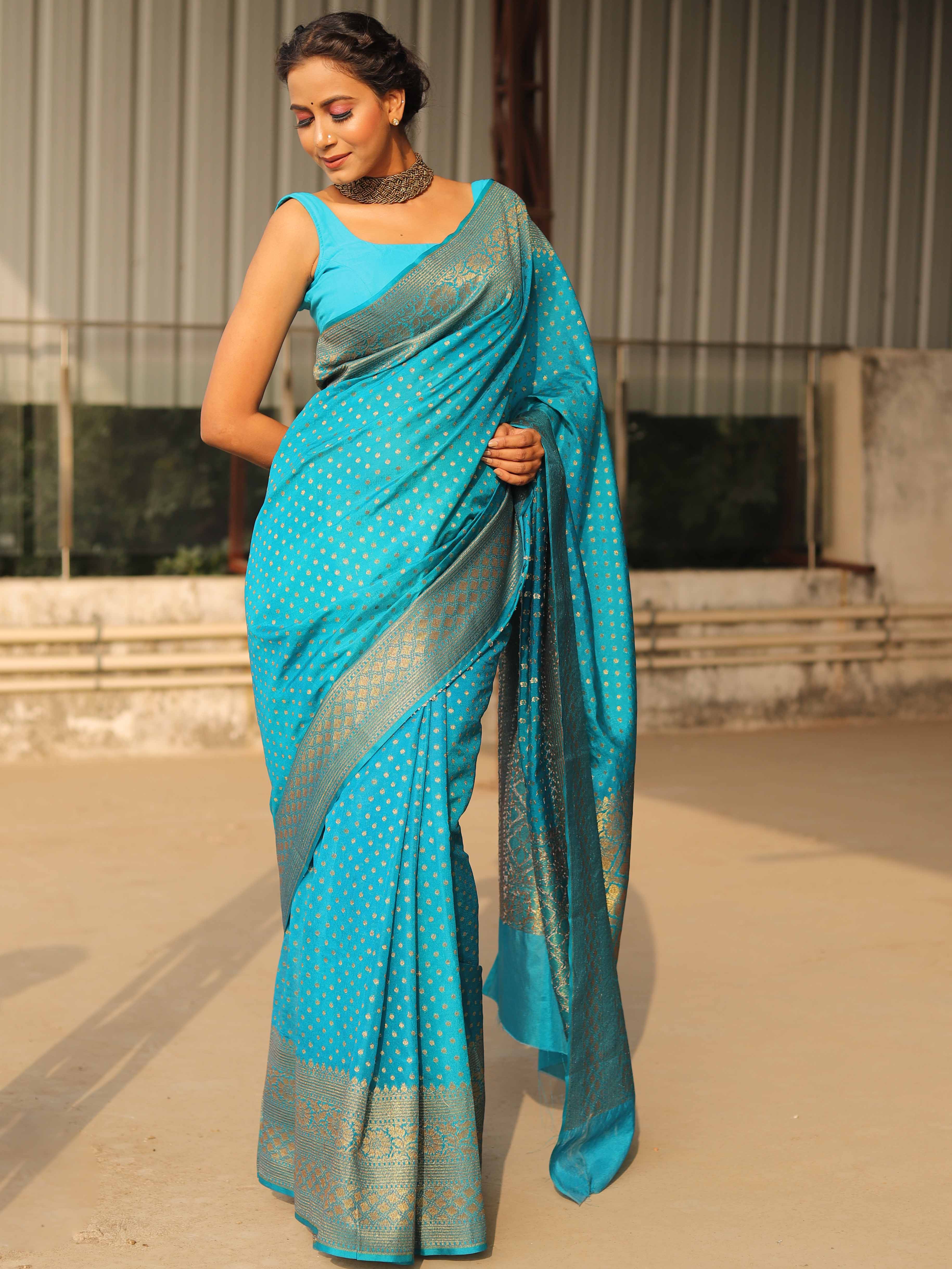 Banarasee Semi-Chiffon Saree With Antique Gold Zari Work-Teal Blue