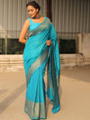 Banarasee Semi-Chiffon Saree With Antique Gold Zari Work-Teal Blue
