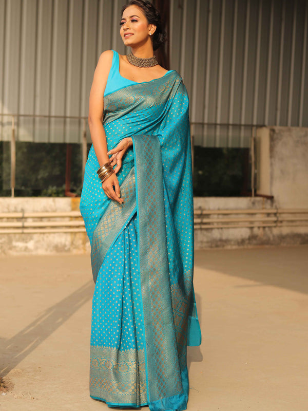 Banarasee Semi-Chiffon Saree With Antique Gold Zari Work-Teal Blue