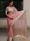 Banarasee Organza Mix Saree With Silver Zari Buta & Border-Pink