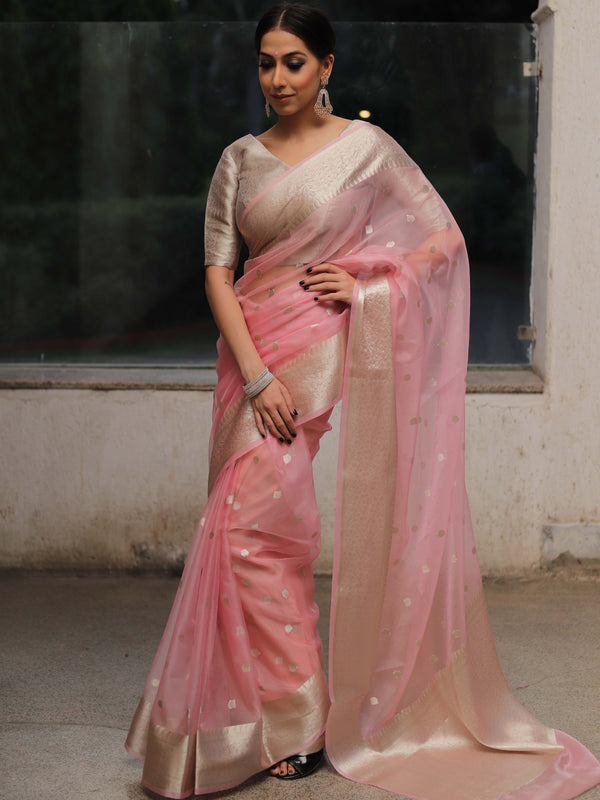 Banarasee Organza Mix Saree With Silver Zari Buta & Border-Pink