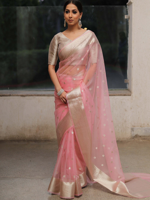 Banarasee Organza Mix Saree With Silver Zari Buta & Border-Pink