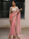 Banarasee Organza Mix Saree With Silver Zari Buta & Border-Pink