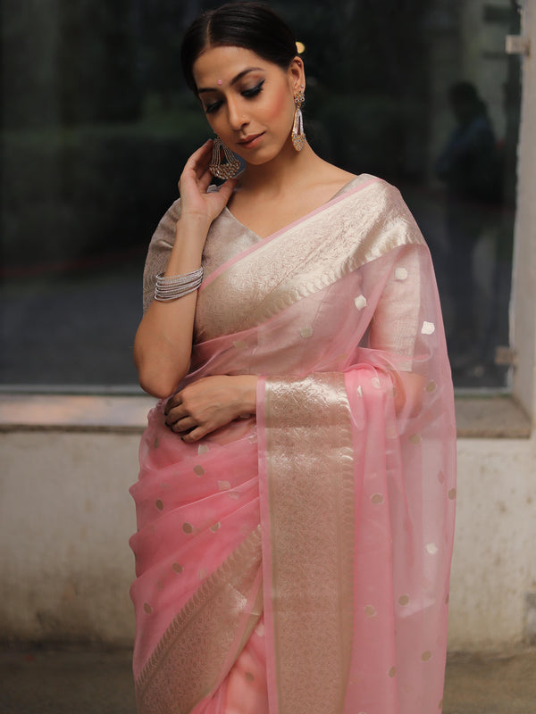 Banarasee Organza Mix Saree With Silver Zari Buta & Border-Pink