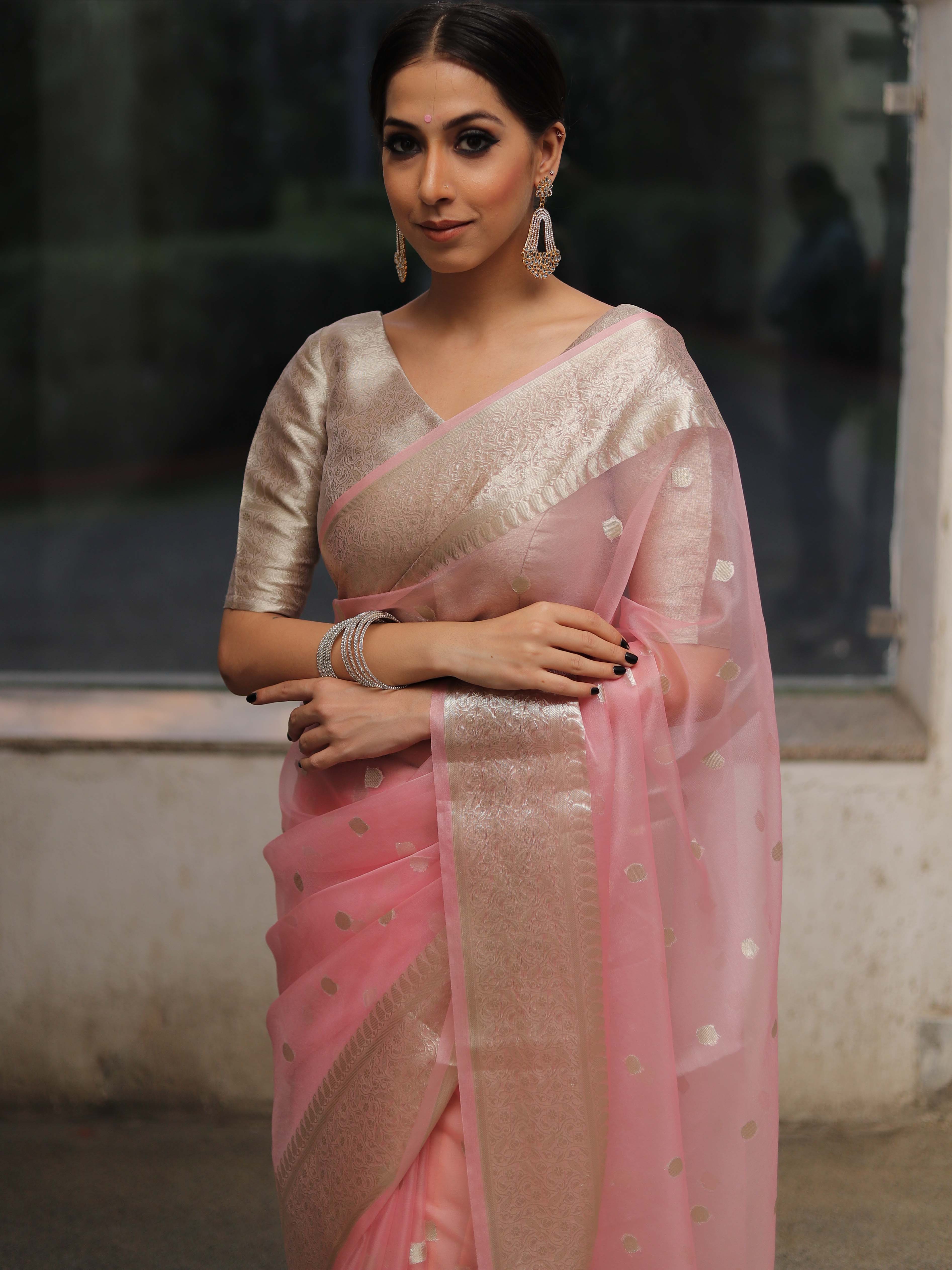 Banarasee Organza Mix Saree With Silver Zari Buta & Border-Pink