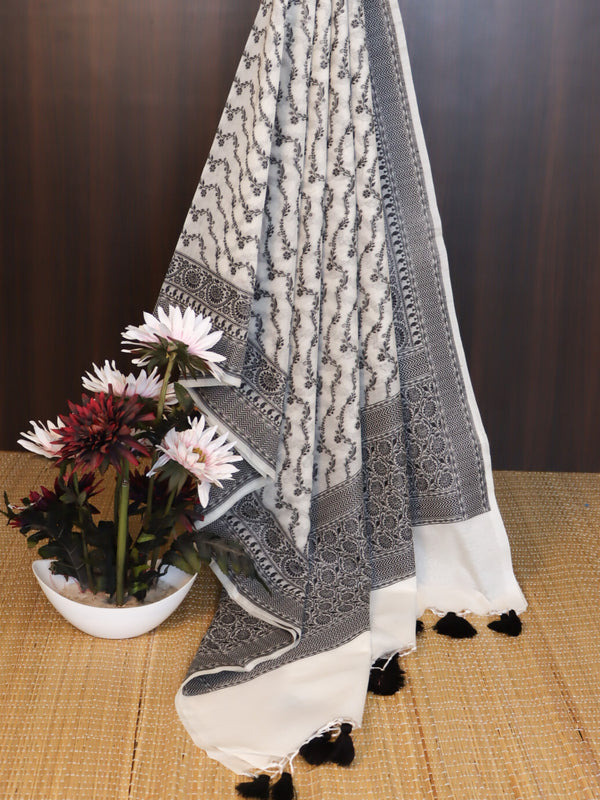 Banarasee Cotton Resham Work Dupatta-White