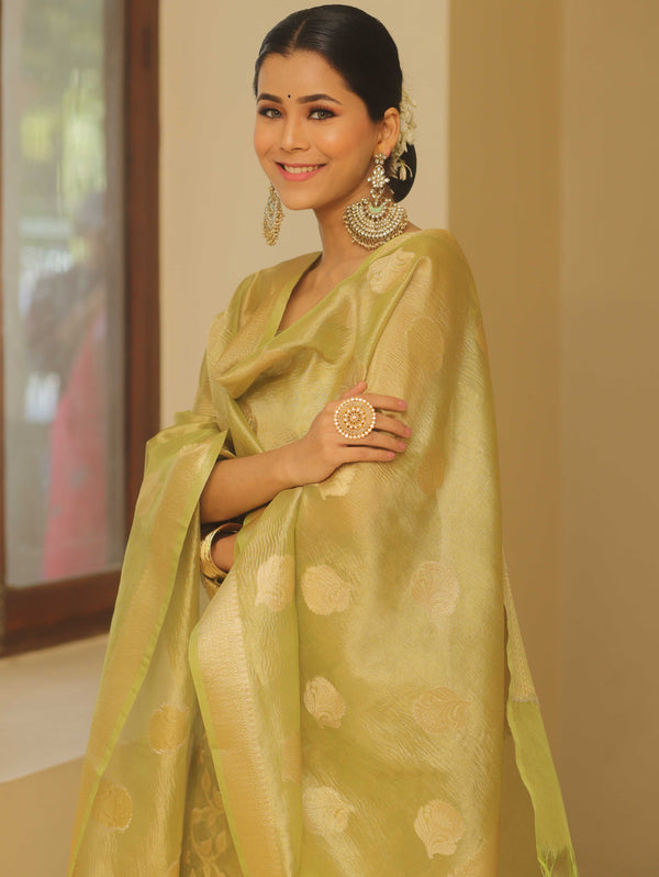 Banarasee Tissue Silk Salwar Kameez Fabric With Dupatta-Green