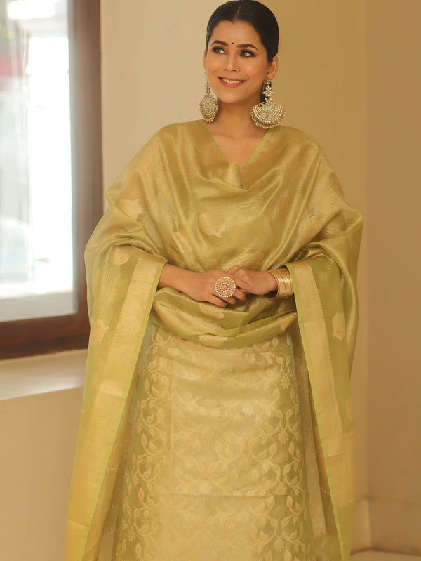 Banarasee Tissue Silk Salwar Kameez Fabric With Dupatta-Green