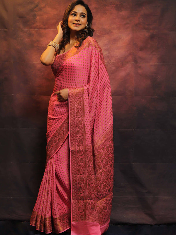 Banarasee Pure Chiffon Saree With Antique Zari Work-Pink