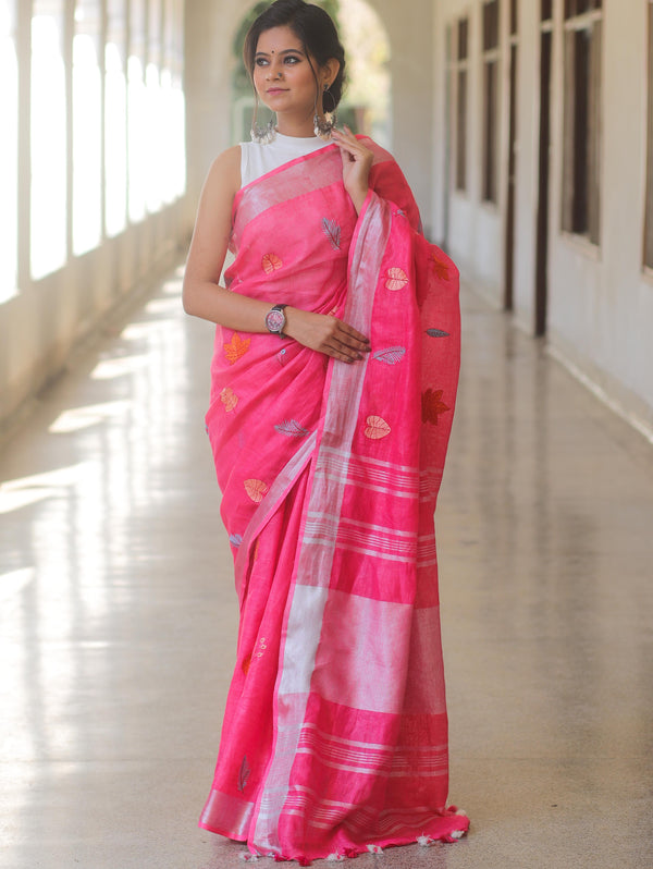 Bhagalpur Handloom Embroidered Buta Design Linen Saree-Pink