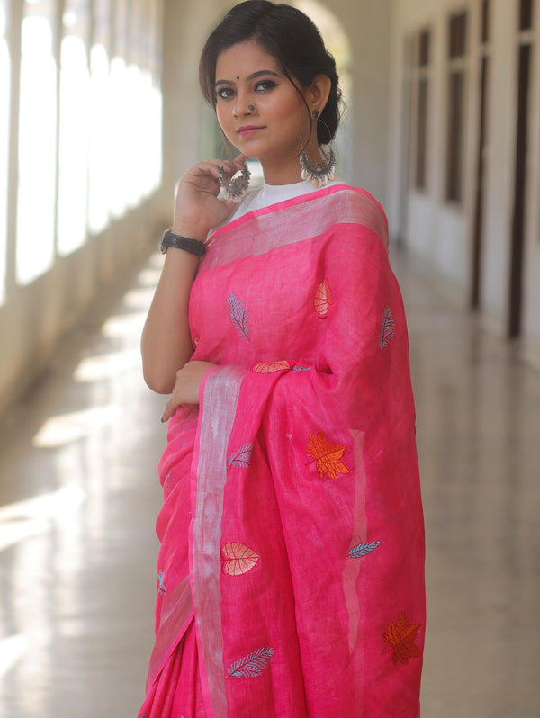 Bhagalpur Handloom Embroidered Buta Design Linen Saree-Pink