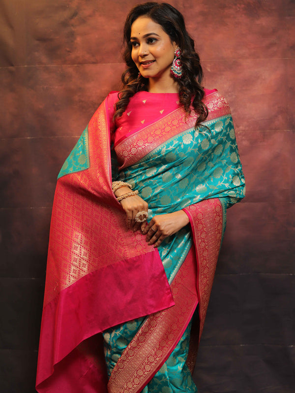 Banarasee Semi-Katan Zari Jaal Saree-Green & Pink