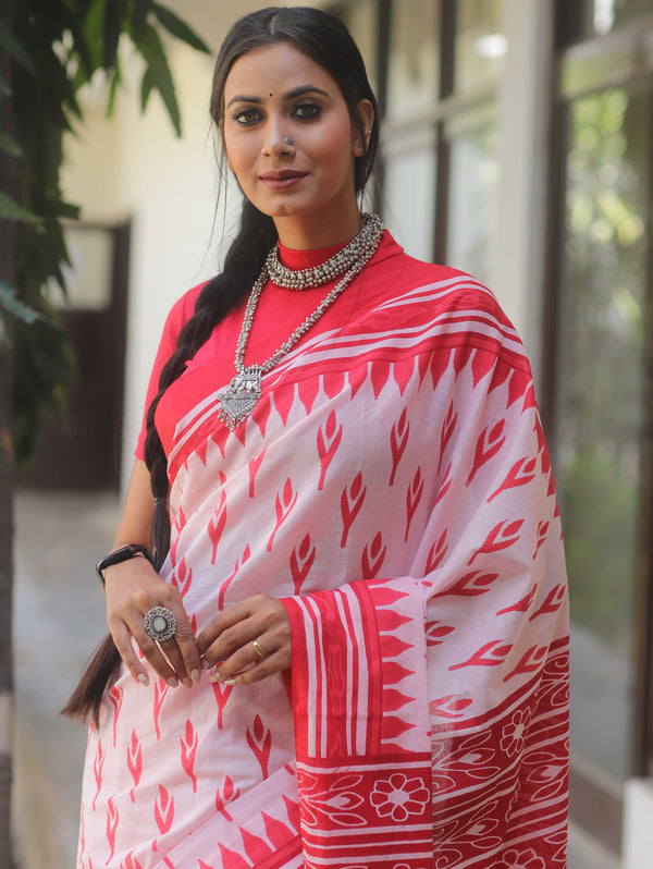 Handloom Mul Cotton Hand-Block Print Saree-White & Red