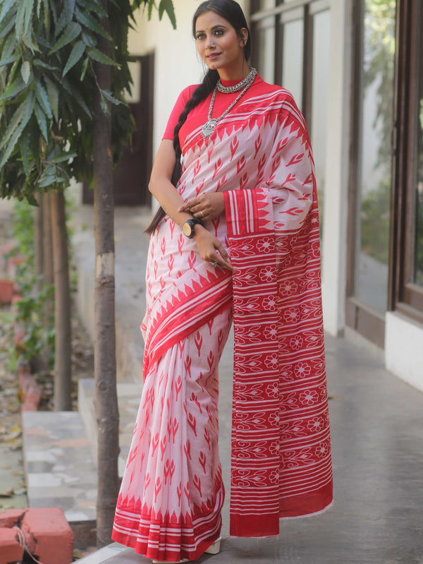 Handloom Mul Cotton Hand-Block Print Saree-White & Red