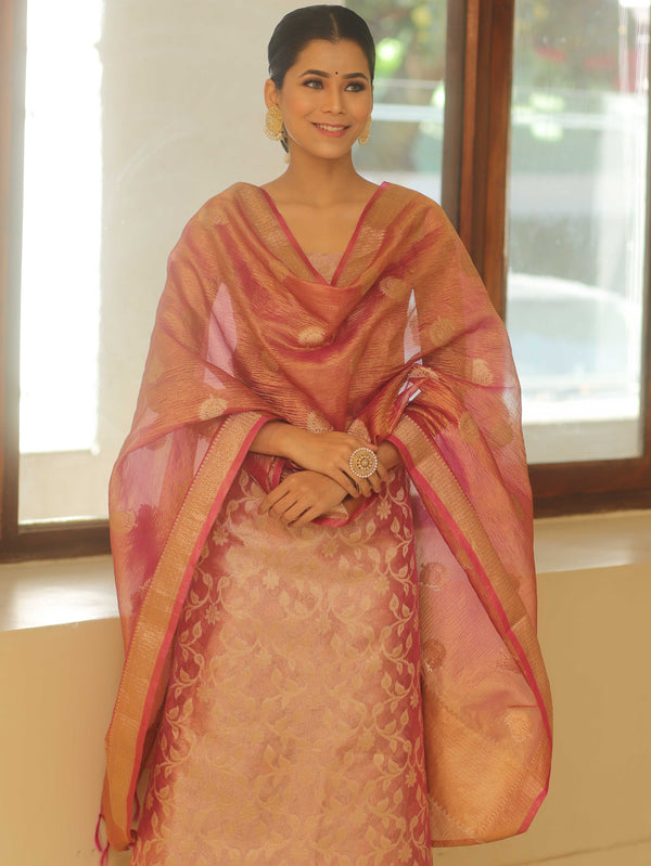 Banarasee Tissue Silk Salwar Kameez Fabric With Dupatta-Pink
