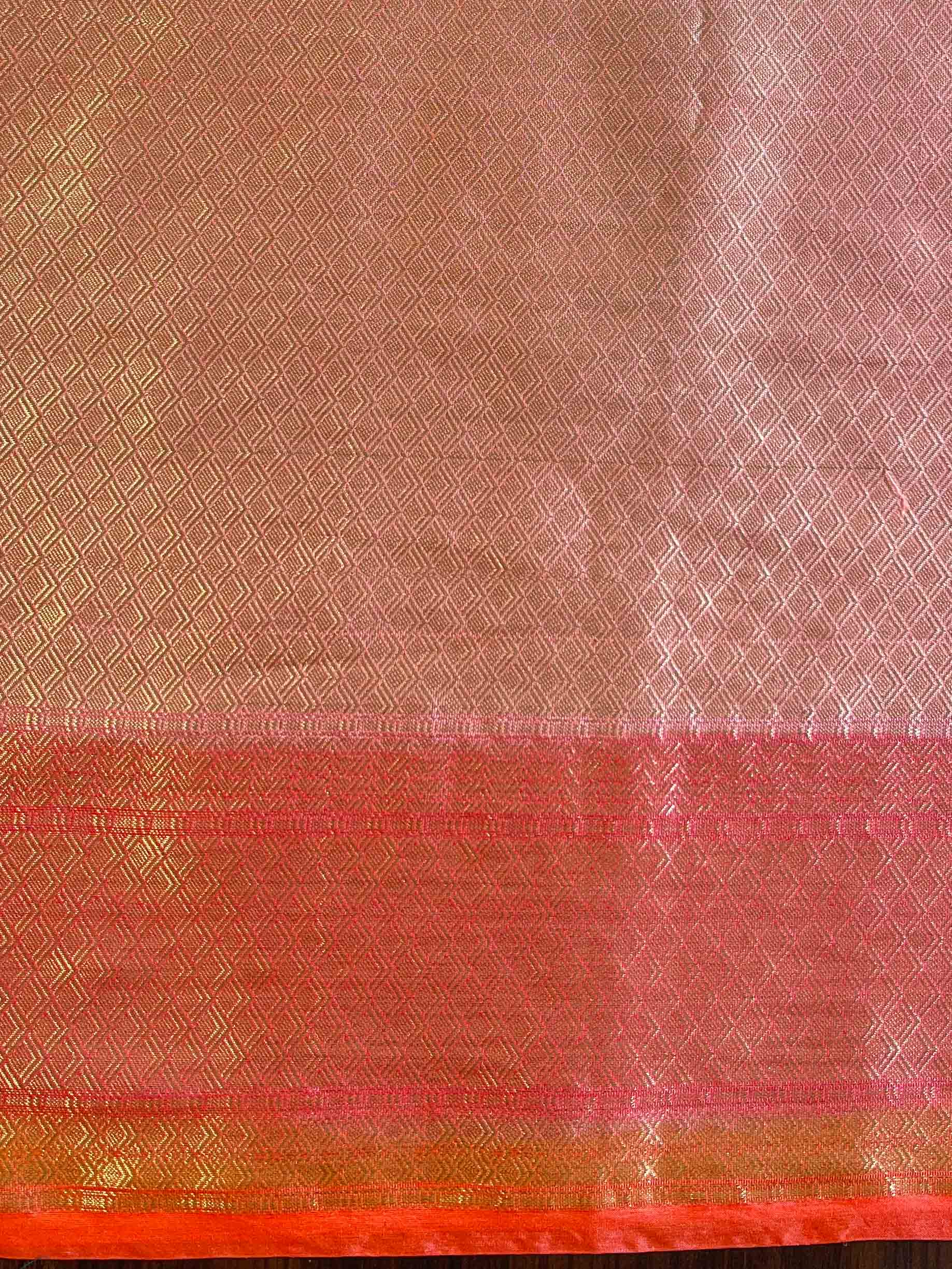 Banarasee Handwoven Soft Semi Silk Saree With Hand-Painted Rangkat Design-Orange & Pink