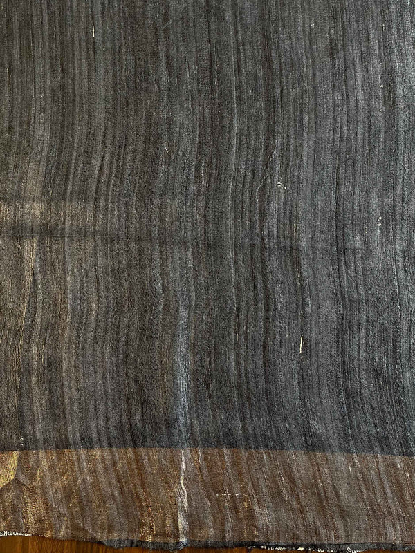 Bhagalpur Pure Handloom Tussar Silk Saree With Hand Block Print-Grey & White