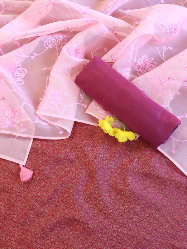 Banarasee Brocade Salwar Kameez Fabric With Embroidered Dupatta-Pink