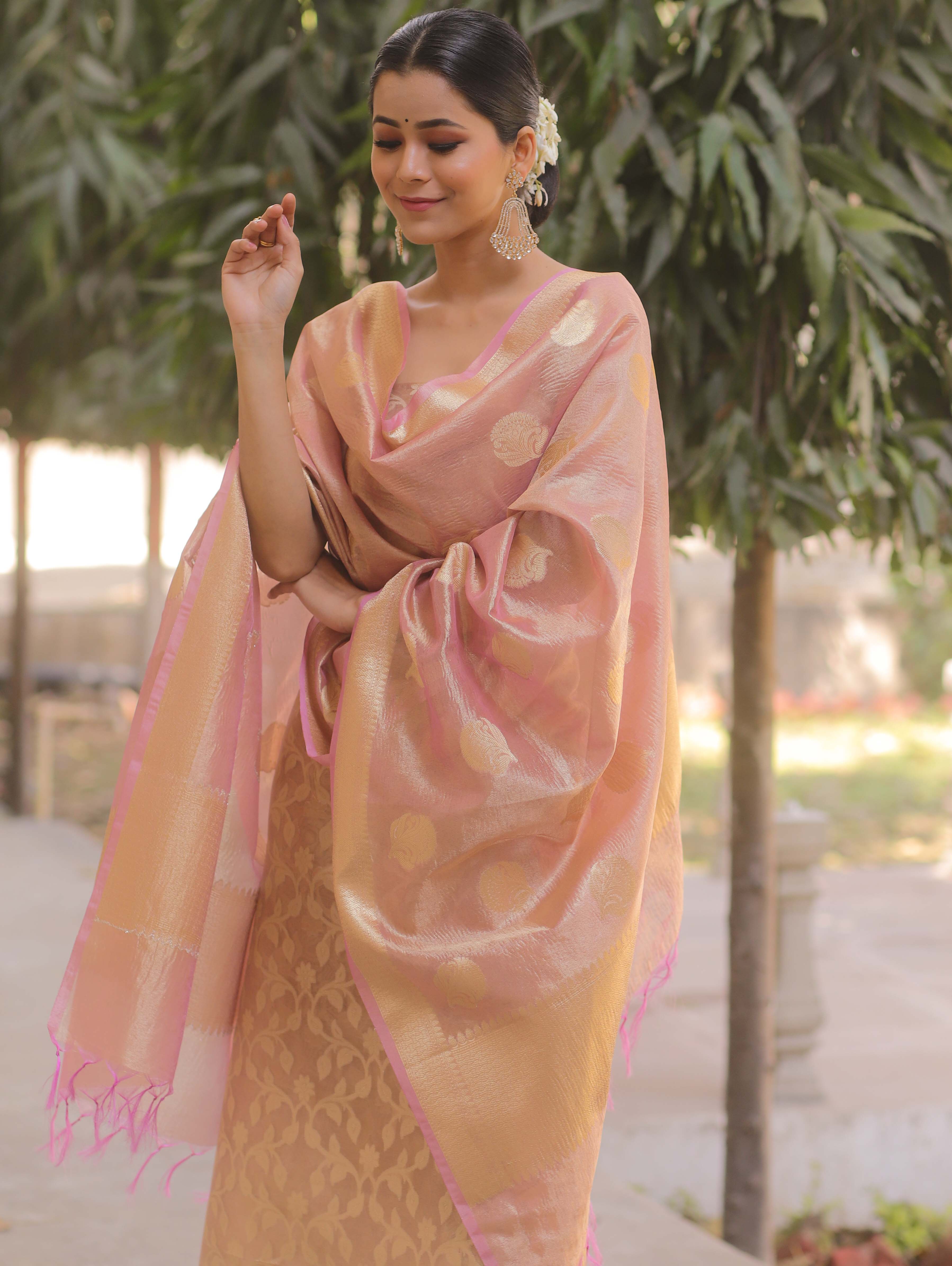 Banarasee Tissue Silk Salwar Kameez Fabric With Dupatta-Pink
