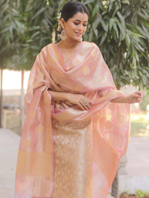 Banarasee Tissue Silk Salwar Kameez Fabric With Dupatta-Pink