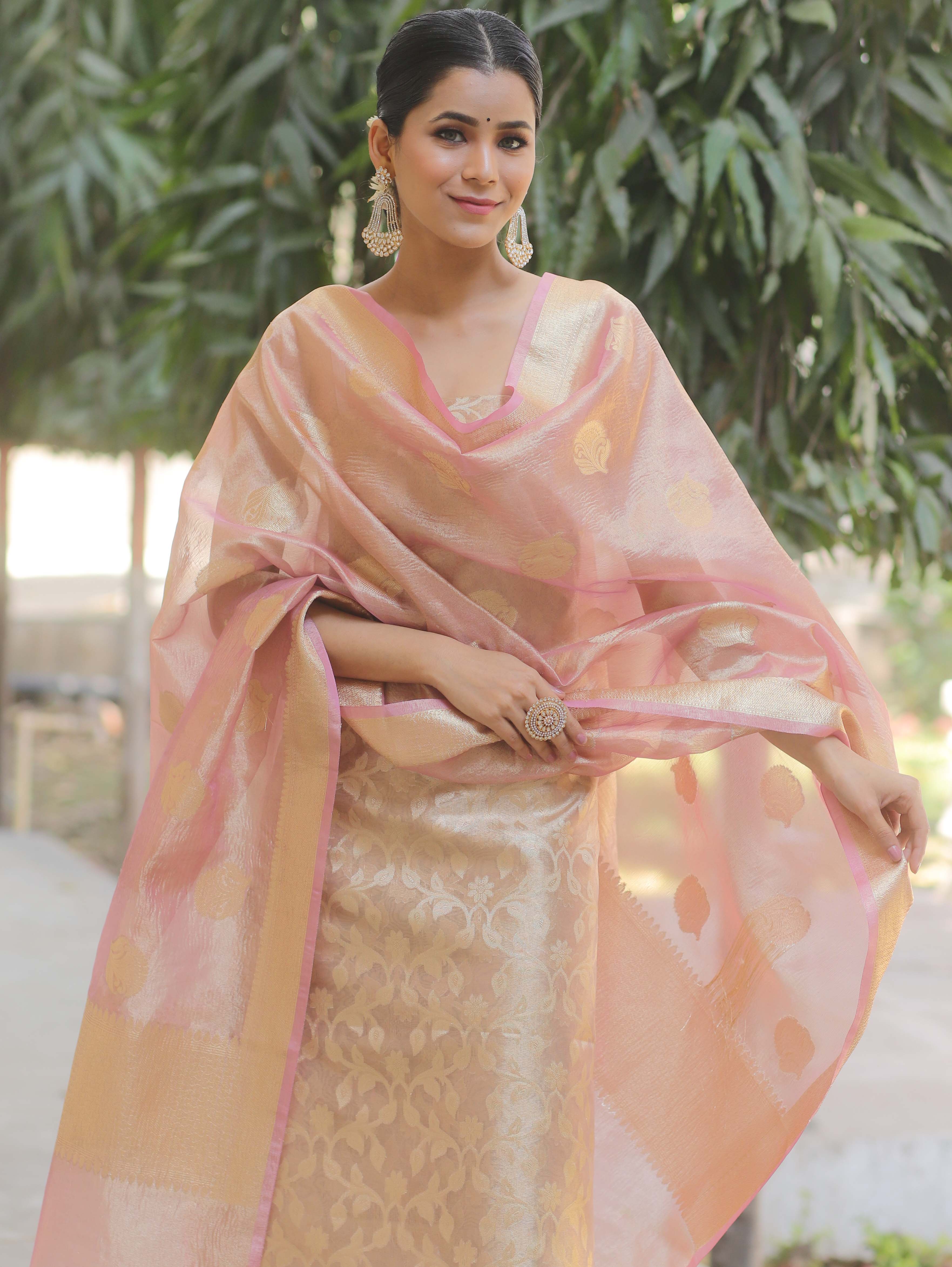 Banarasee Tissue Silk Salwar Kameez Fabric With Dupatta-Pink