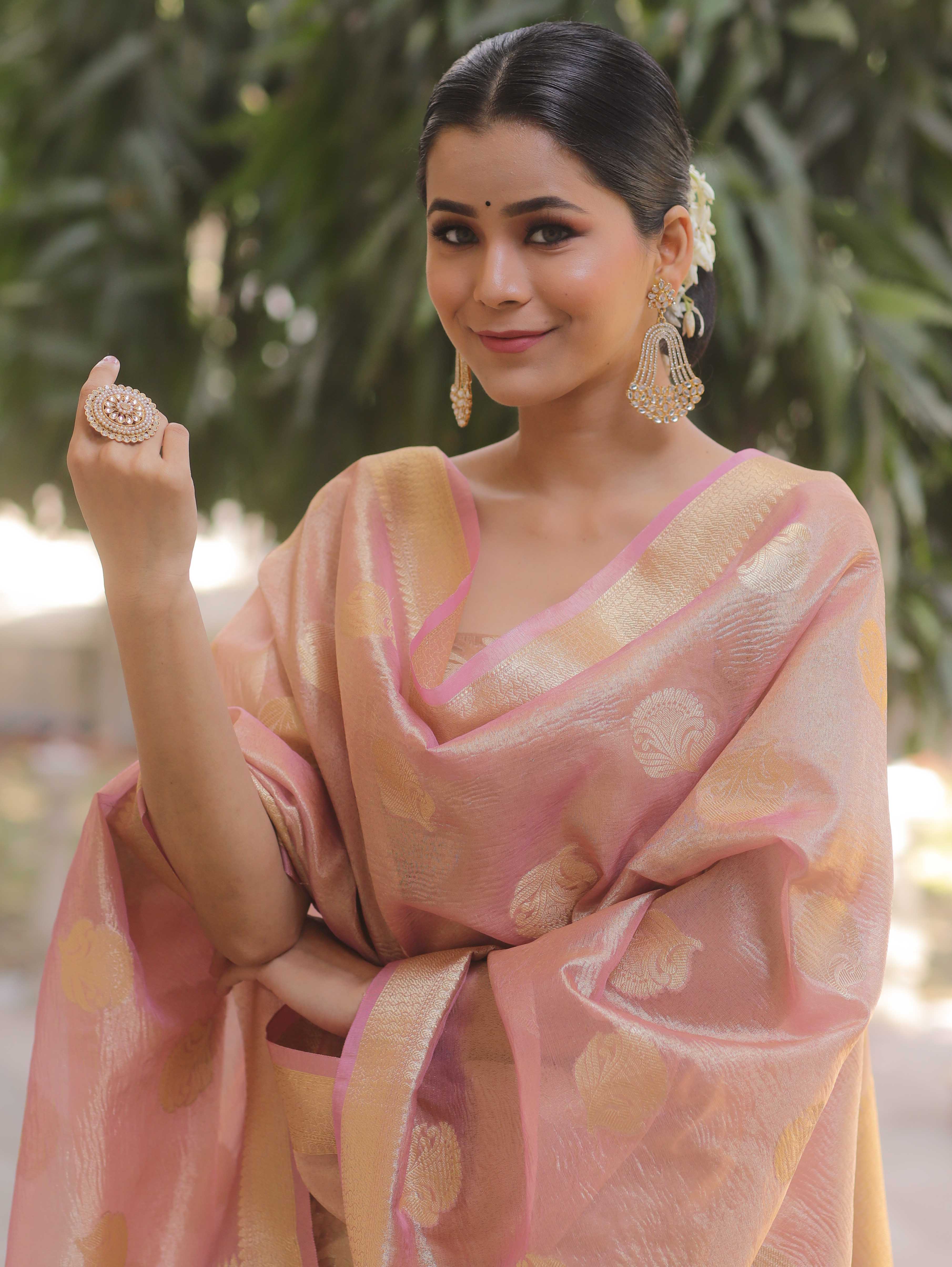 Banarasee Tissue Silk Salwar Kameez Fabric With Dupatta-Pink