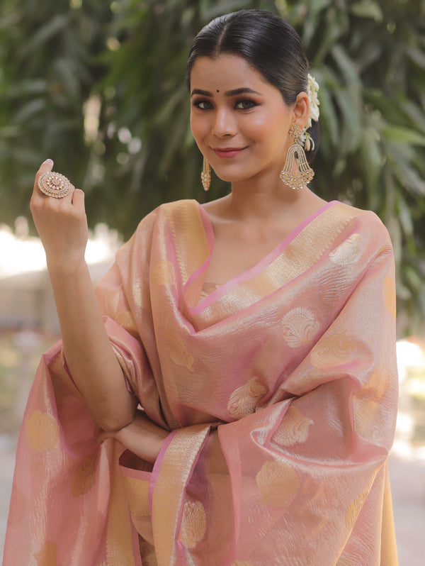 Banarasee Tissue Silk Salwar Kameez Fabric With Dupatta-Pink