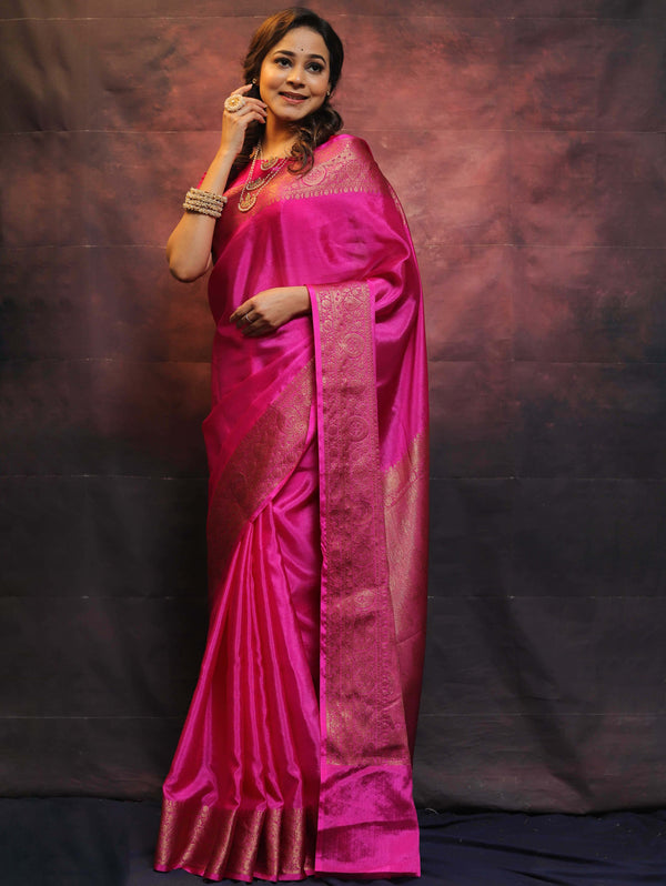 Banarasee Handwoven Semi Silk Plain Saree With Zari Border-Pink