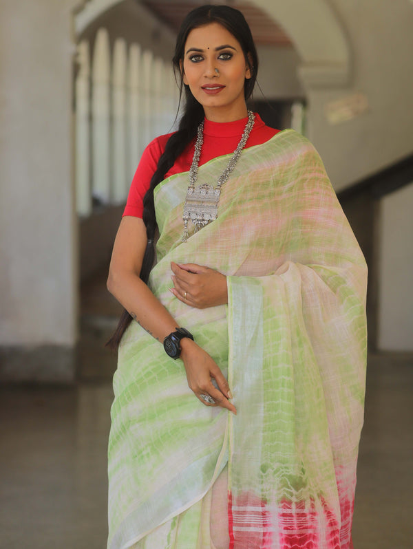 Bhagalpur Handloom Shibori Dyed Linen Saree-White