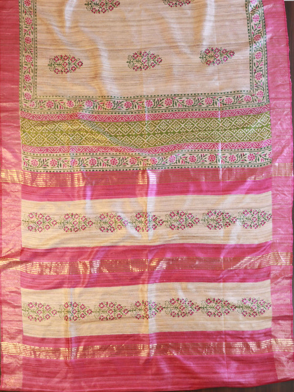 Bhagalpur Pure Handloom Tussar Silk Saree With Block Print Design-Beige & Pink