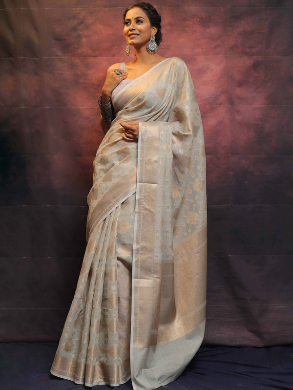 Banarasee Handwoven Pure Silk Cotton Saree With Antique Zari Buti & Border-Grey