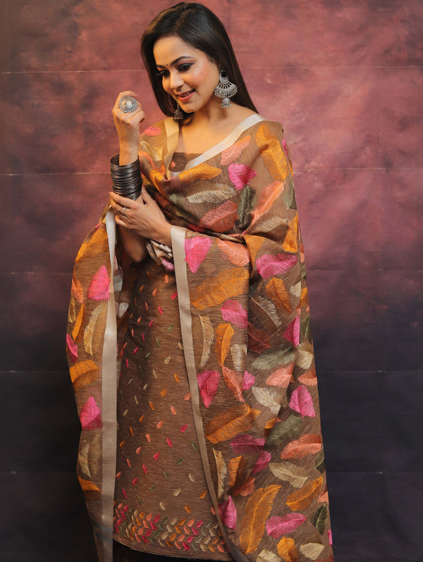 Banarasee Embroidered Linen Cotton Salwar Kameez With Dupatta-Brown