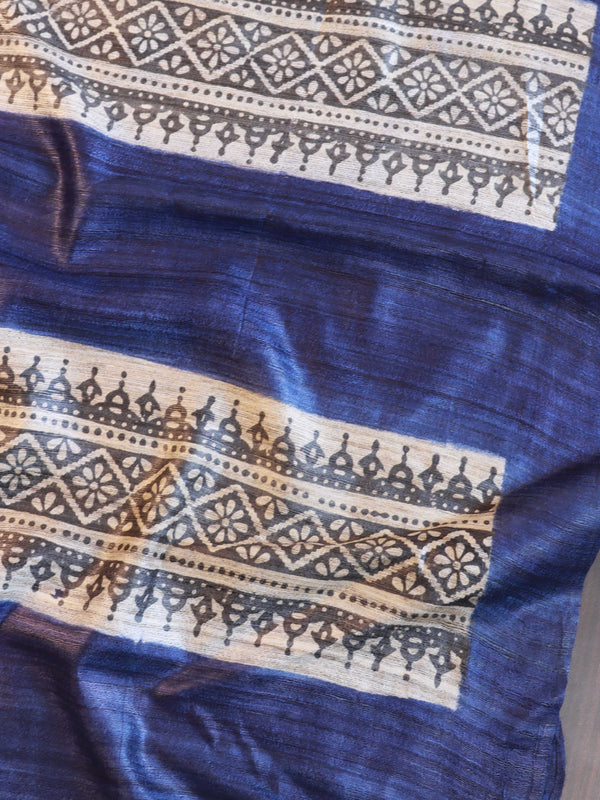 Bhagalpur Pure Handloom Tussar Silk Saree With Block Print Design-Blue & Beige
