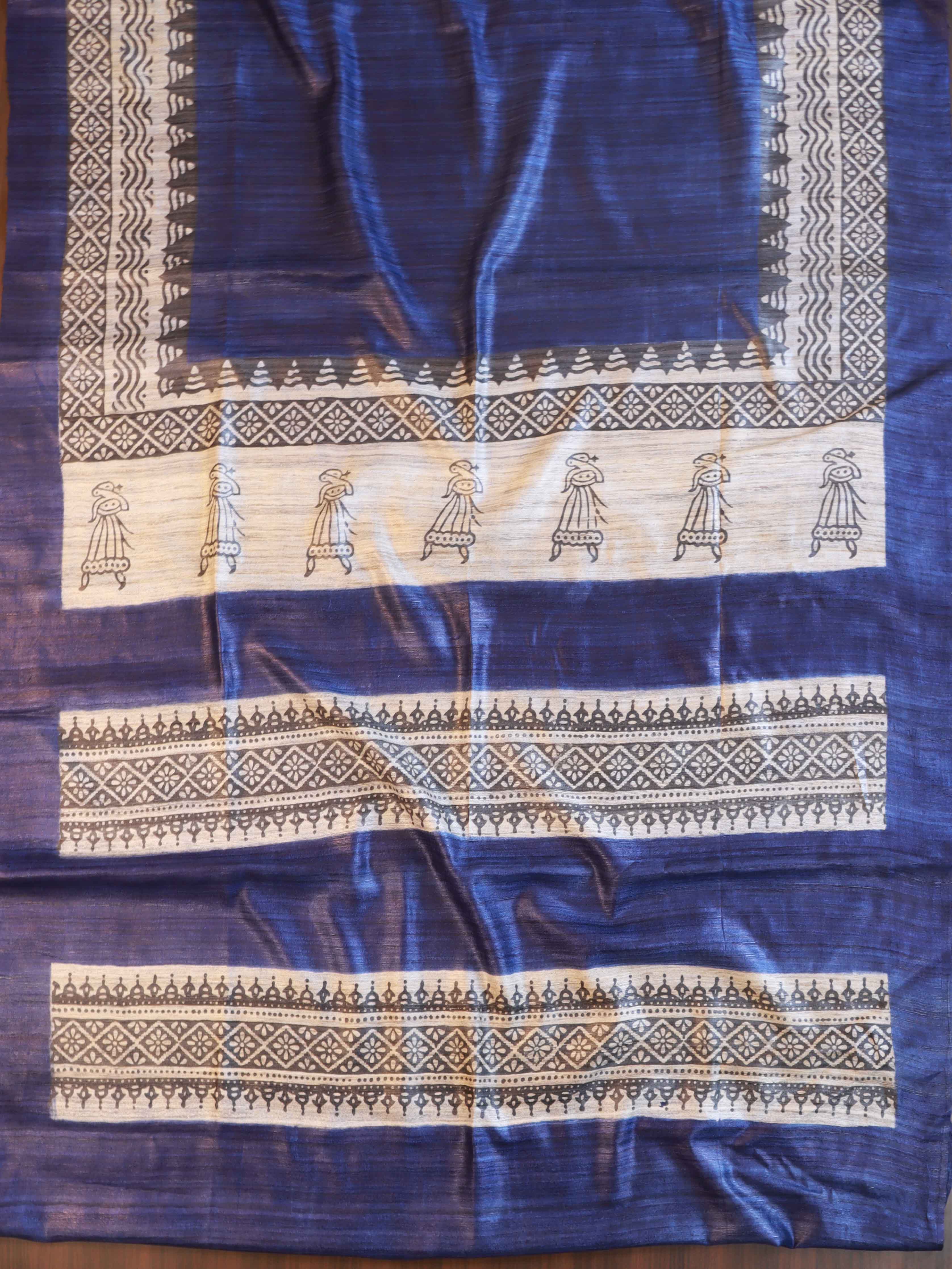 Bhagalpur Pure Handloom Tussar Silk Saree With Block Print Design-Blue & Beige