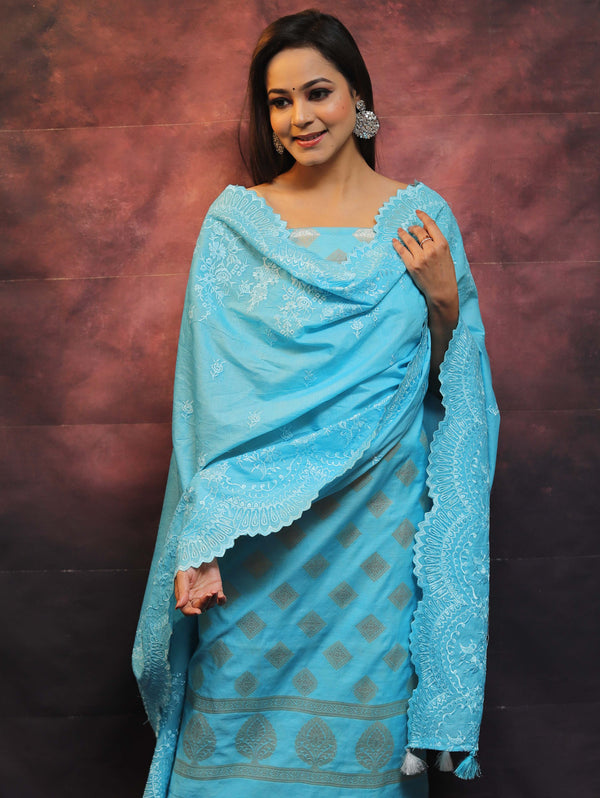 Banarasee Chanderi Cotton Salwar Kameez With Dupatta Set-Blue