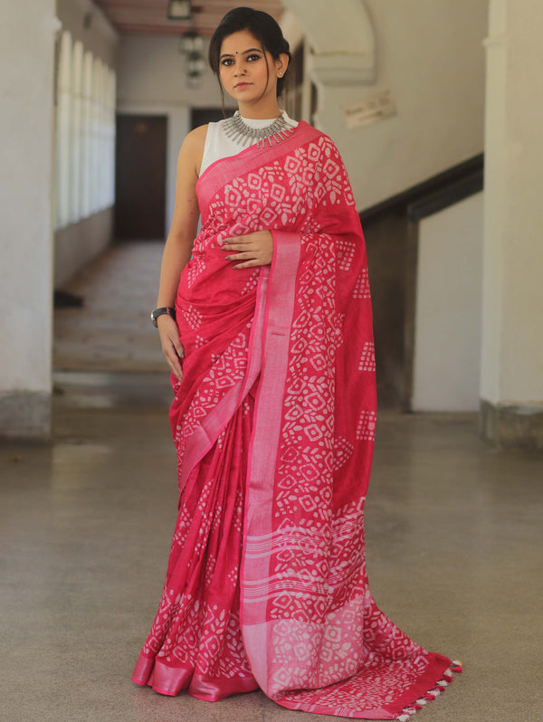Bhagalpur Handloom Linen Hand-Dyed Batik Pattern Saree-Pink