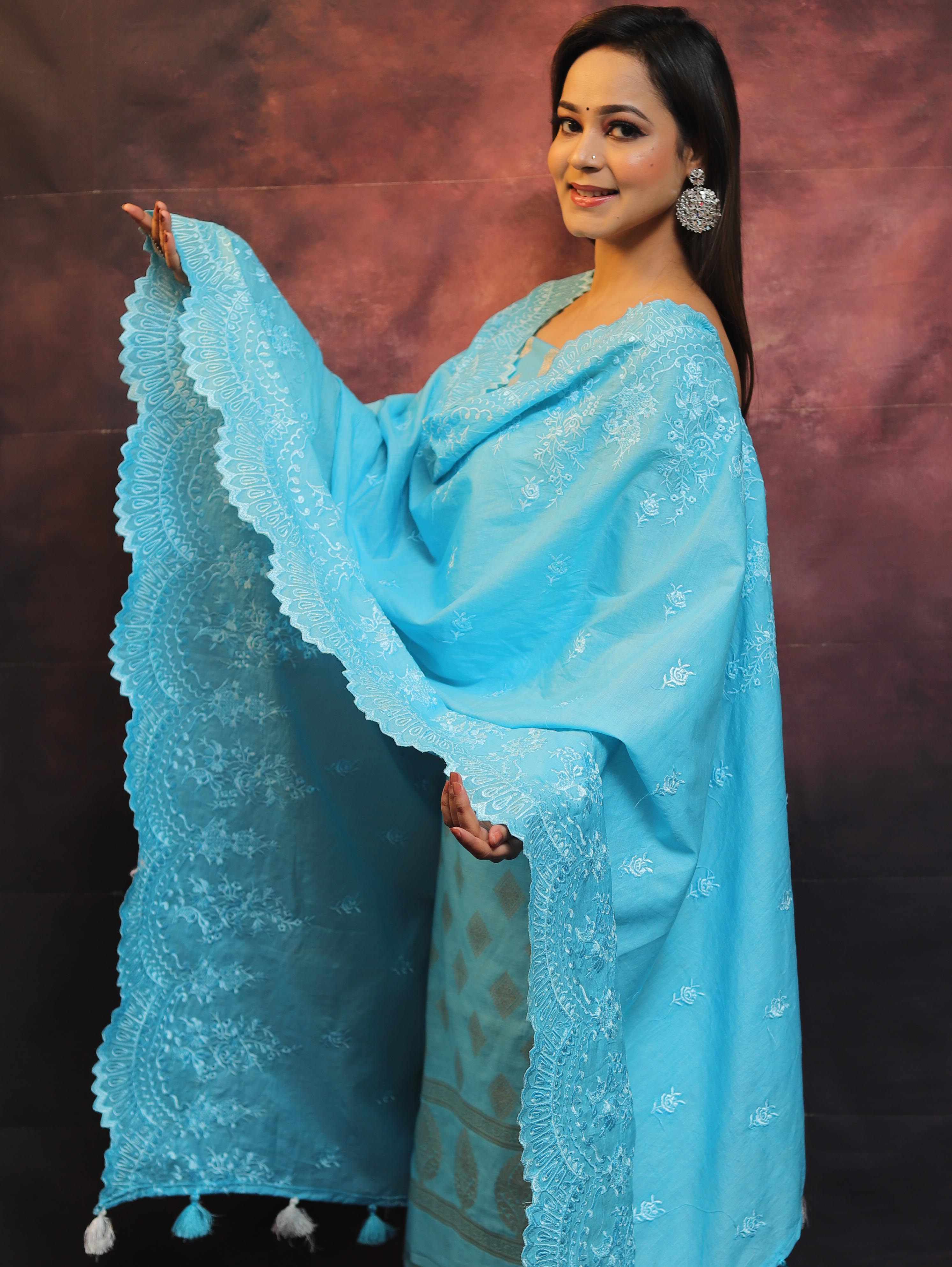 Banarasee Chanderi Cotton Salwar Kameez With Dupatta Set-Blue