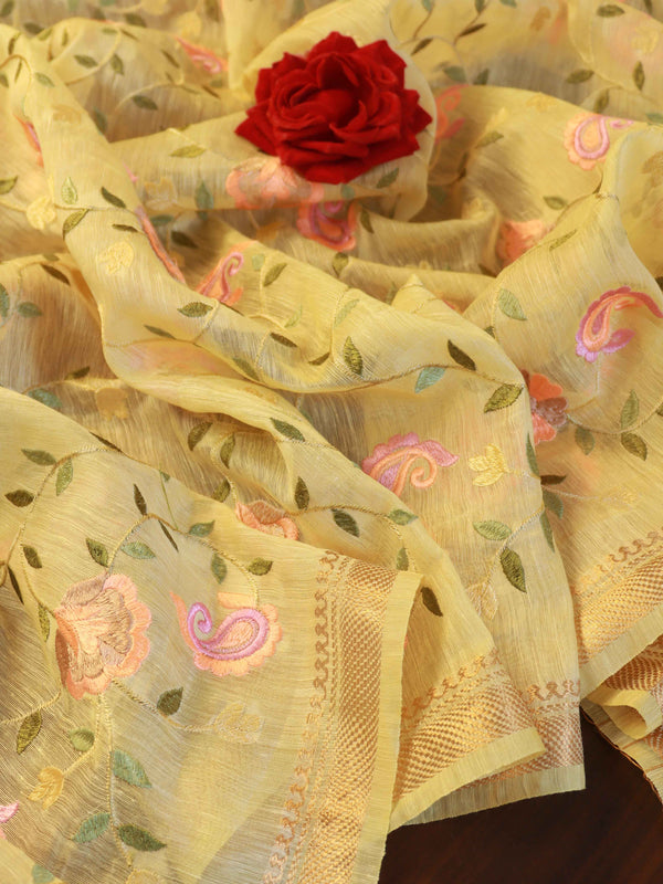 Bhagalpur Handloom Pure Linen By Mulberry Silk Saree With Embroidered Design-Yellow