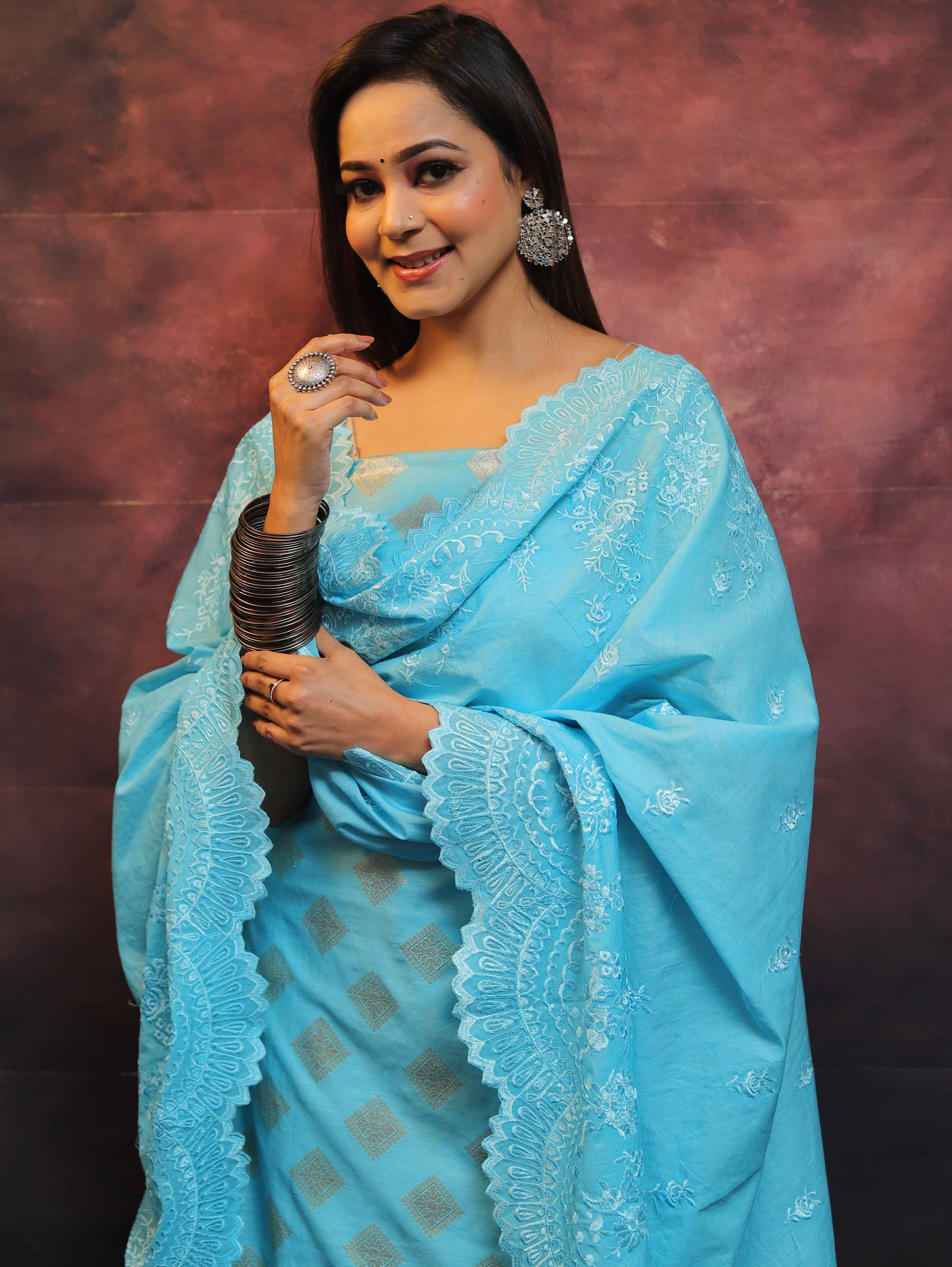 Banarasee Chanderi Cotton Salwar Kameez With Dupatta Set-Blue