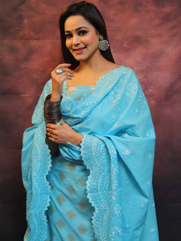 Banarasee Chanderi Cotton Salwar Kameez With Dupatta Set-Blue