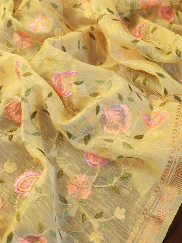 Bhagalpur Handloom Pure Linen By Mulberry Silk Saree With Embroidered Design-Yellow